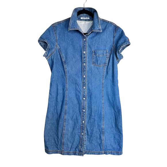 Vintage Tommy Hilfiger Y2K Denim Mini Dress Pearl Button Front Western Size 14 - Picture 2 of 15